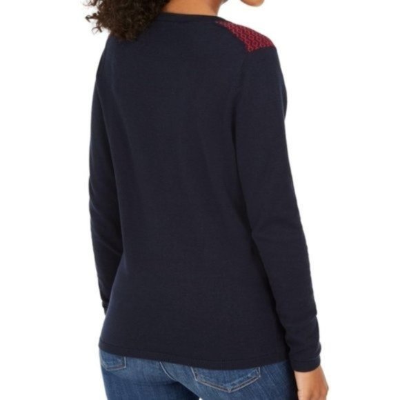 TOMMY HILFIGER Fair Isle Ivy Cotton V-Neck Sweater - NAVY / RED - NWT - XS - Picture 3 of 3